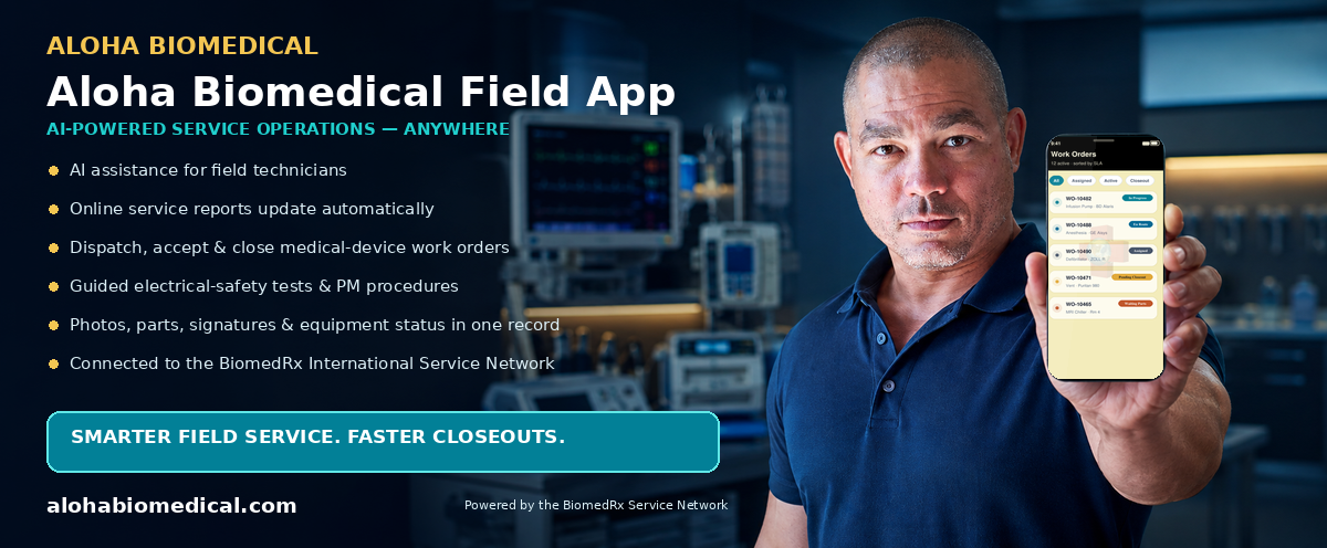 Aloha Biomedical Field — AI-powered field-service mobile app; automatic online service reports, work-order dispatch, and closeout