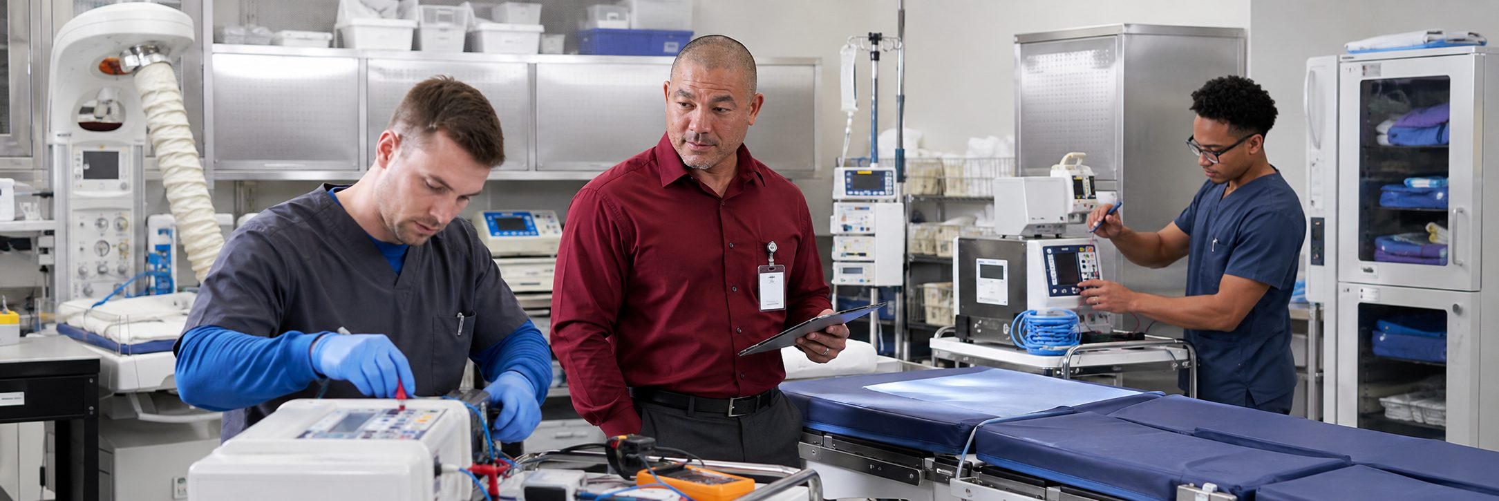 Biomedical equipment repair and bench calibration | BiomedRx HTM services Biomedical equipment repair shop bench calibration with an electrical safety analyzer