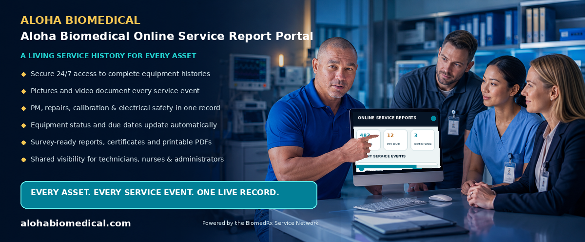 Aloha Biomedical Online Service Report Portal — every service event, live in your secure online report portal; view a sample report